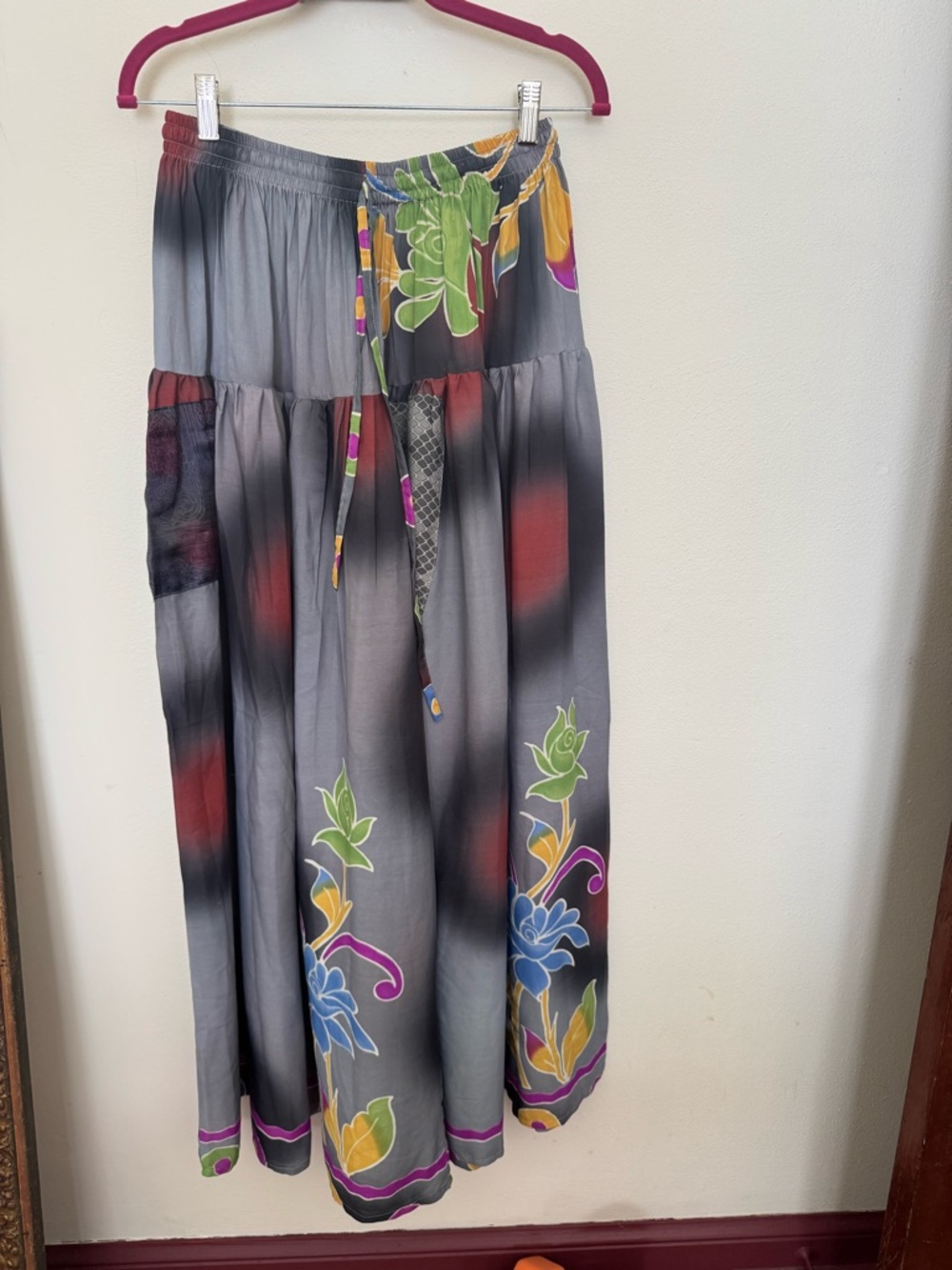 Kantha Bae Gray Floral Wide Leg Pant with Drawstring Waist